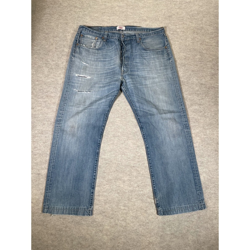 Levis 501 Straight Leg Jeans Mens 38x34 Blue Whiskering Denim Cotton Distressed